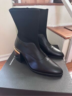 Universal Standard Porto Black Stretch-Knit Leather Ankle Boots with Meta Accent
